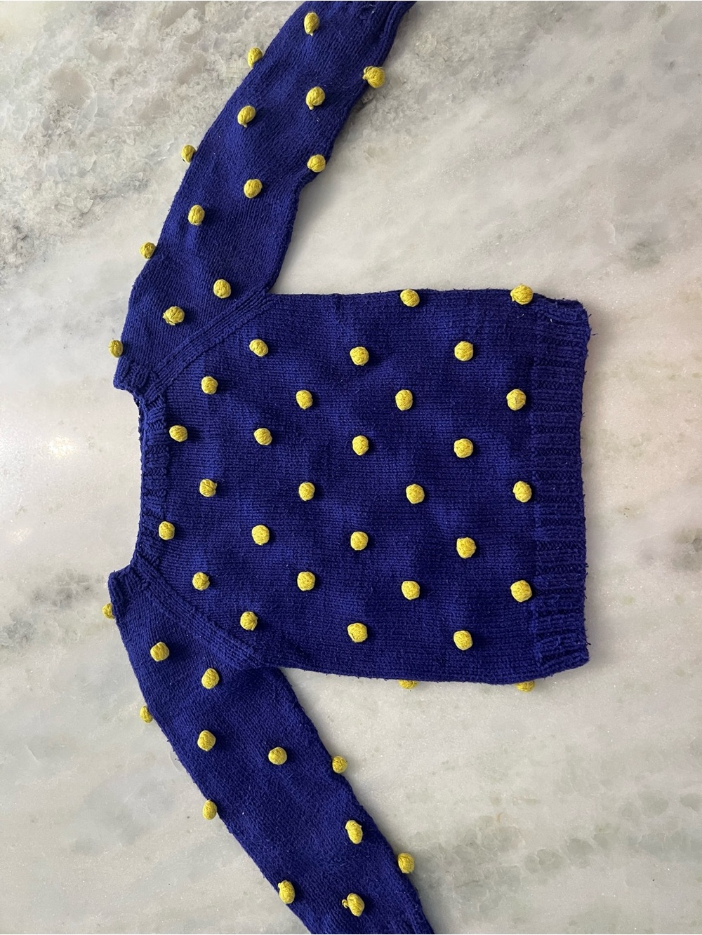 Kalinka: popcorn sweater, Navy Blue Pom-Pom Sweater with Yellow. Hand Knit